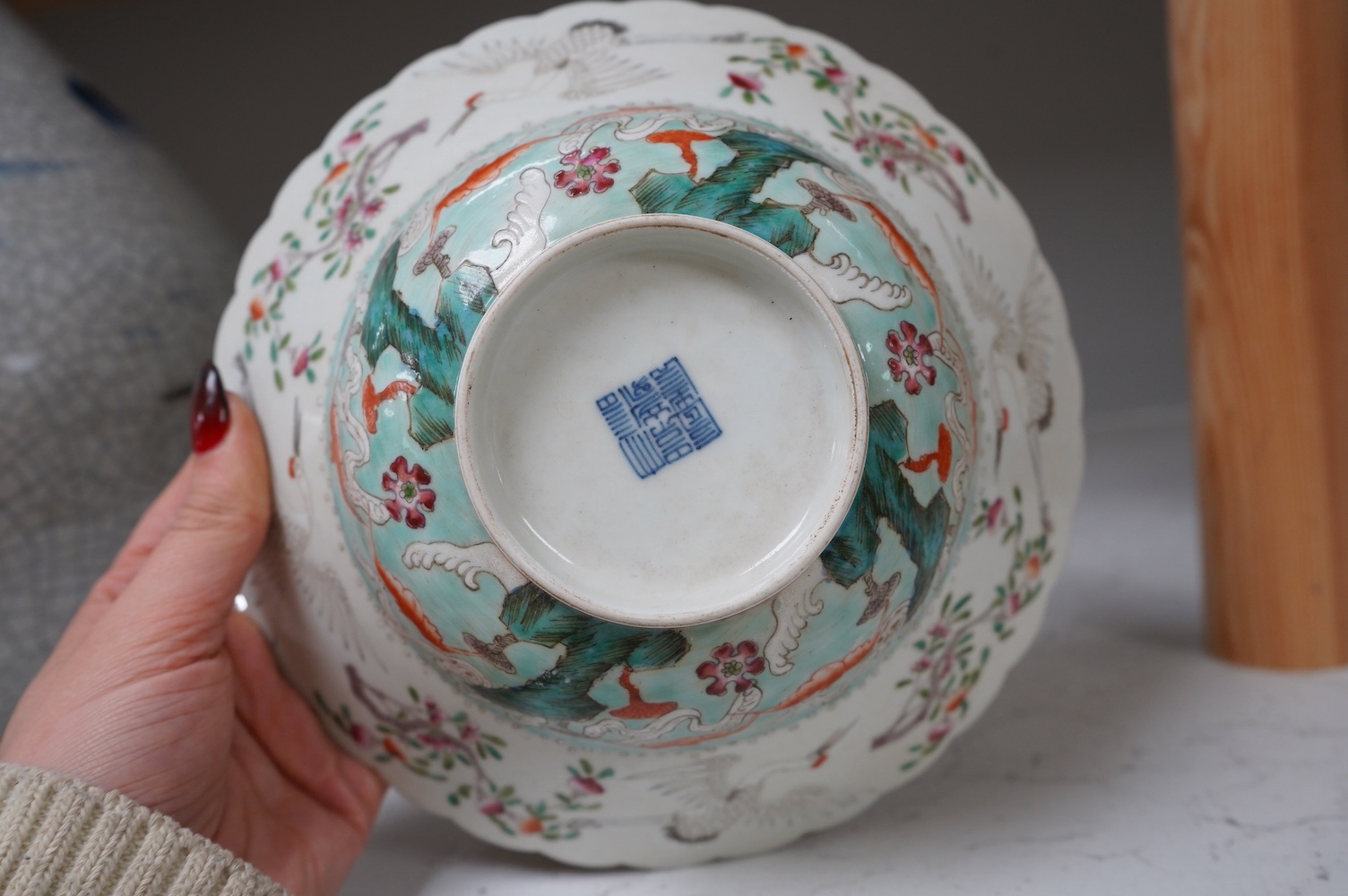 A Chinese famille rose 'Sanduo' bowl, 18.5cm. Condition - good